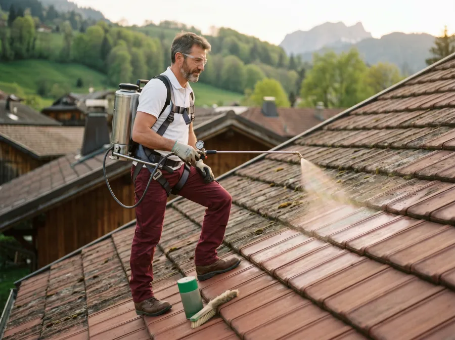 Couvreur ATOUT TOITURE en plein traitement hydrofuge au pulvérisateur dorsal sur toit du Chablais