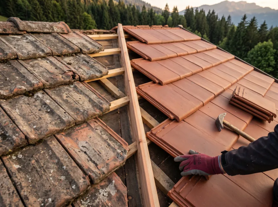 Réfection de toiture en cours dans le Chablais — tuiles anciennes remplacées par des neuves par ATOUT TOITURE
