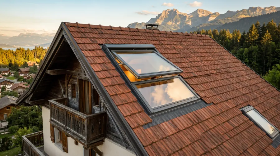 Deux Velux installés sur toiture en tuile d'un chalet du Chablais — pose par ATOUT TOITURE