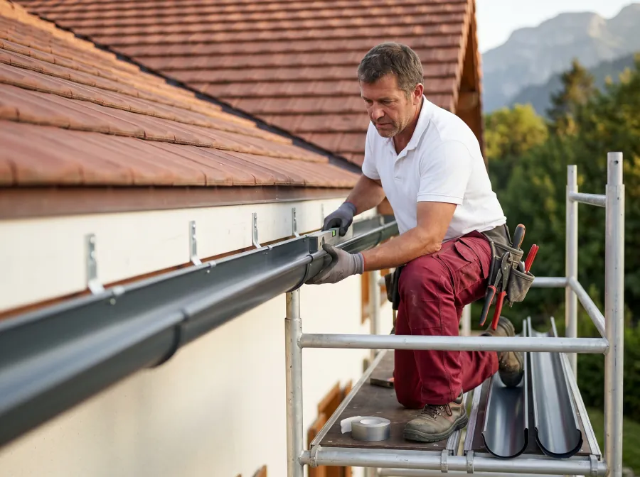 Pose de gouttière alu thermolaqué par ATOUT TOITURE sur maison du Chablais