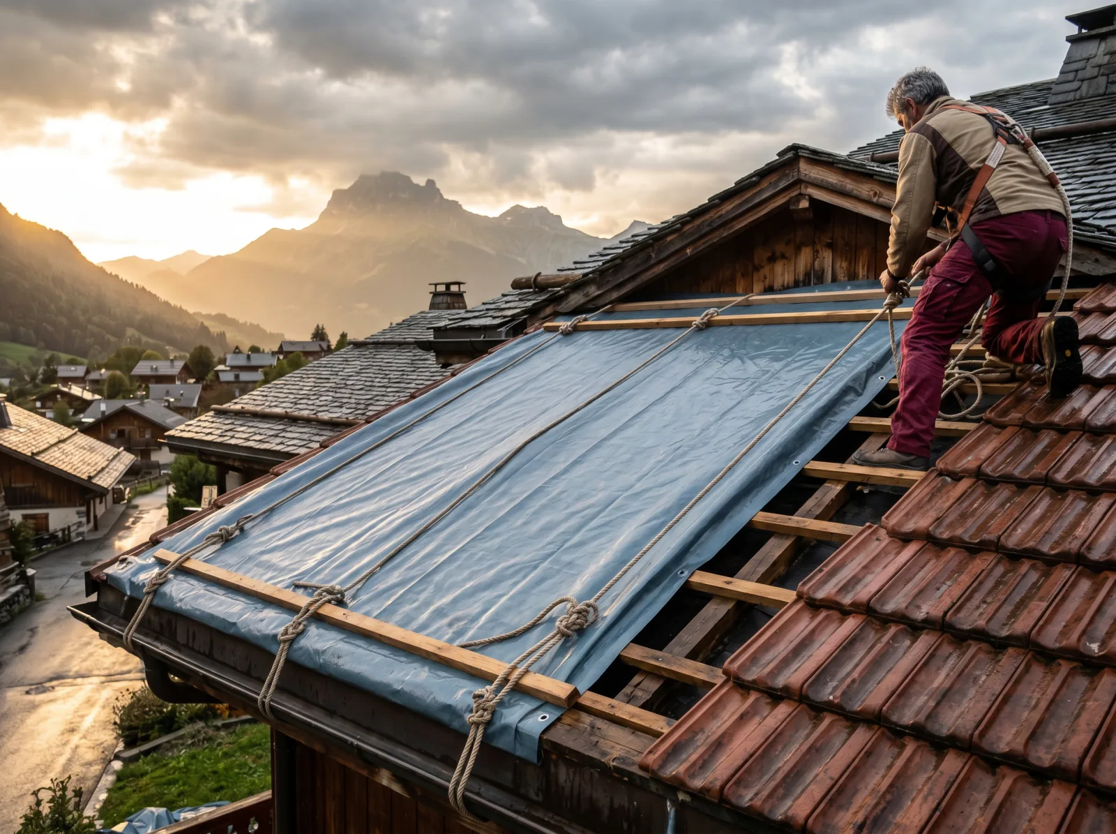 Couvreur ATOUT TOITURE posant une bâche d'urgence sur toiture endommagée par la tempête, coucher de soleil sur la Dent d'Oche