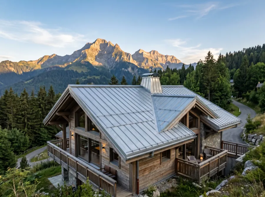 Chalet contemporain avec toiture en zinc et vue sur la Dent d'Oche à Évian-les-Bains — couvreur ATOUT TOITURE