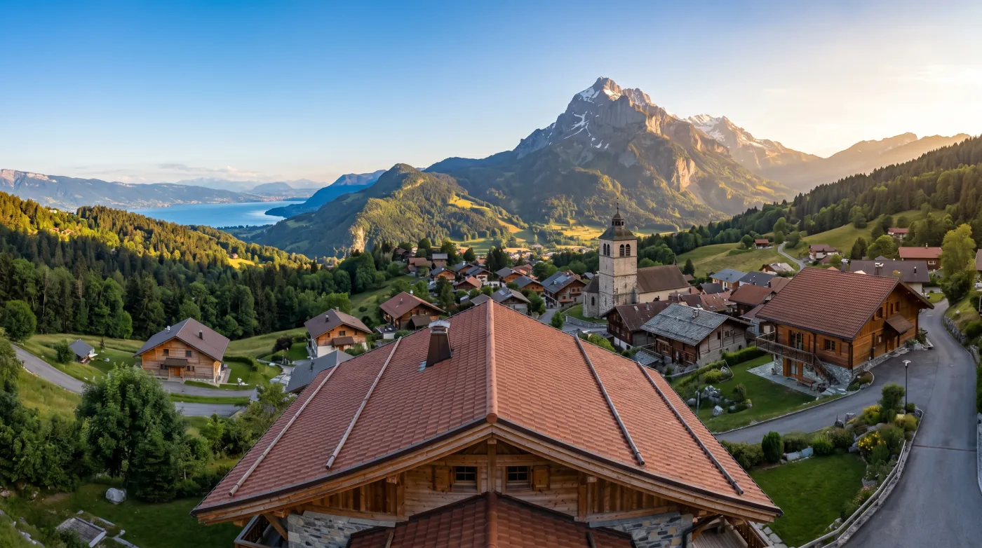 Vue panoramique des toitures de chalets et du Léman depuis Saint-Paul-en-Chablais — zone d'intervention ATOUT TOITURE