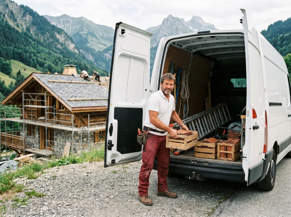 Mike Neuville, couvreur ATOUT TOITURE, devant son camion à Vinzier — plateau du Gavot